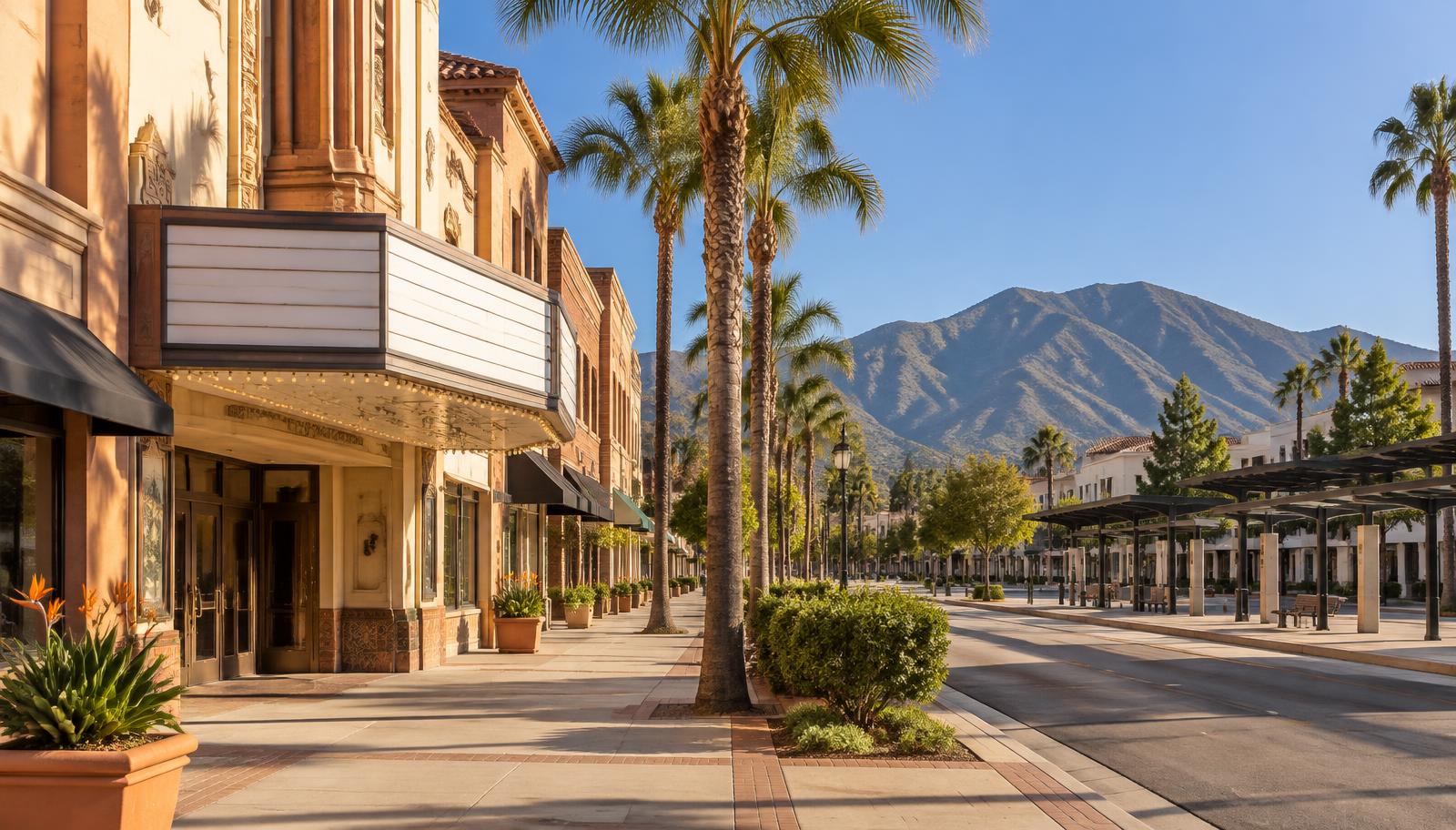 Historic downtown Burbank storefronts and an unbranded theatre marquee on a sunny afternoon