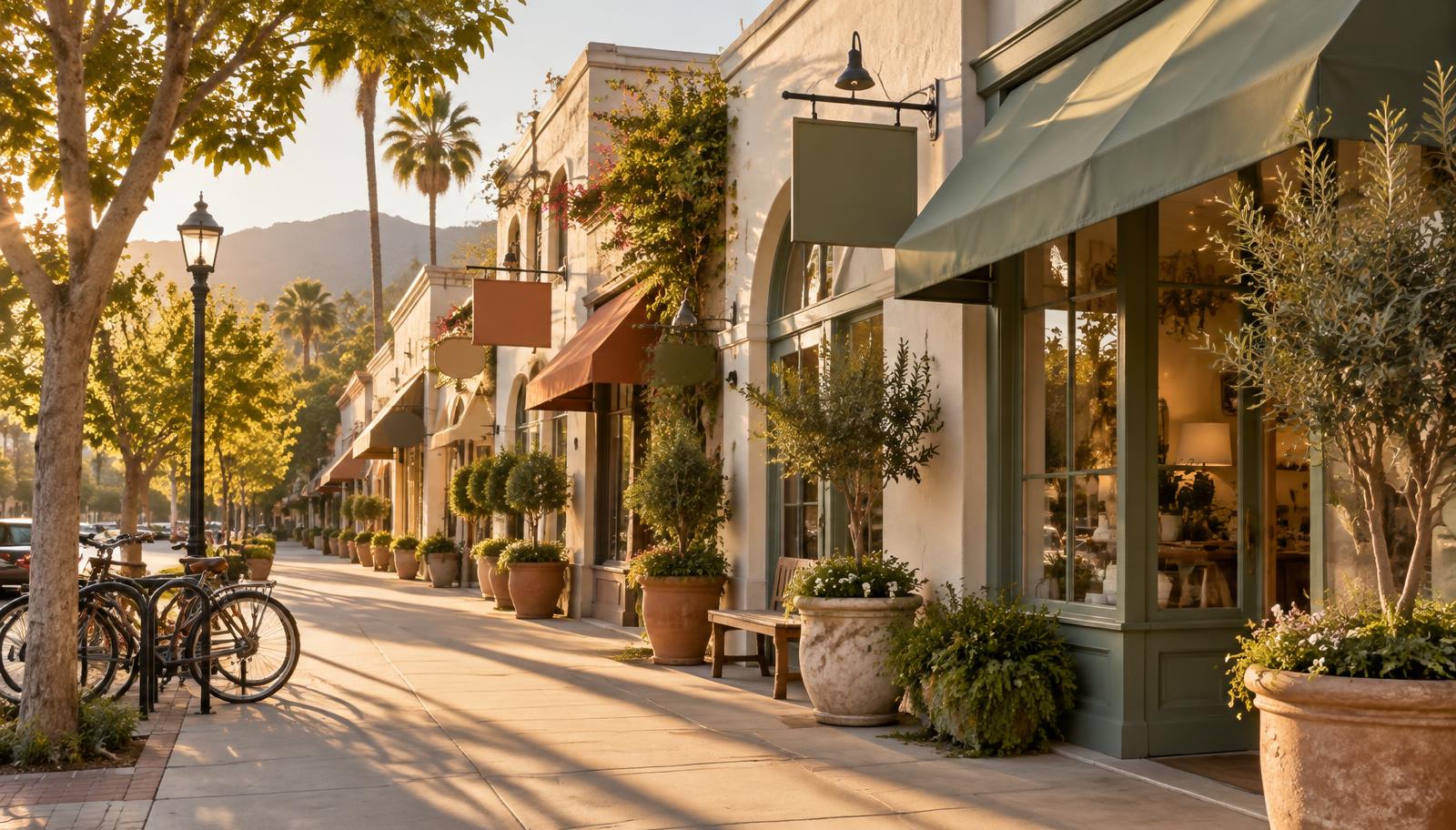Tree-lined Magnolia Boulevard storefronts with awnings and potted plants in warm afternoon light
